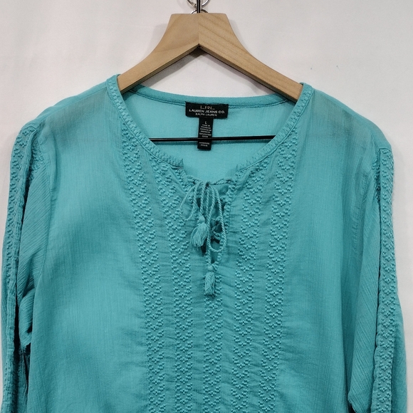 LRL Ralph Lauren Embroidered Crinkle Blouse Womens L Teal Cottagecore Peasant - Picture 2 of 7
